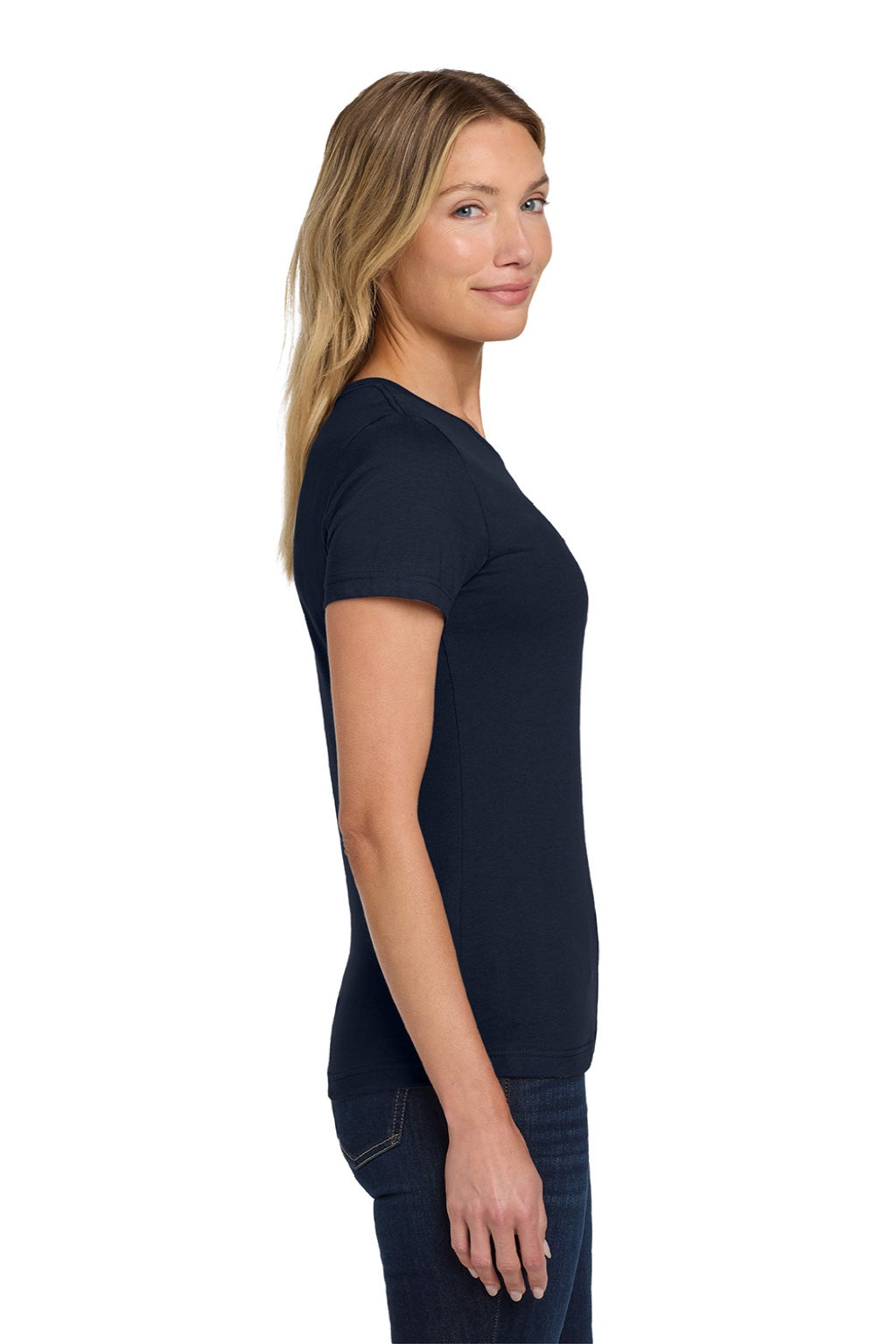 Gildan 64000L Womens Softstyle Short Sleeve Crewneck T-Shirt Navy Blue Model Side