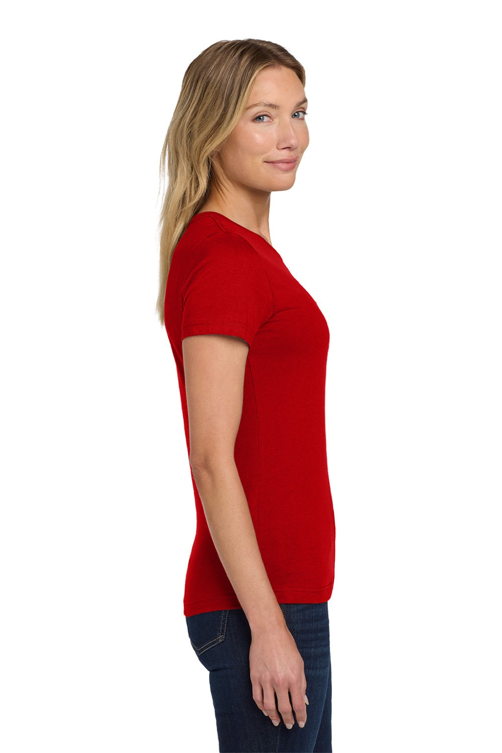 Gildan 64000L Womens Softstyle Short Sleeve Crewneck T-Shirt Red Model Side