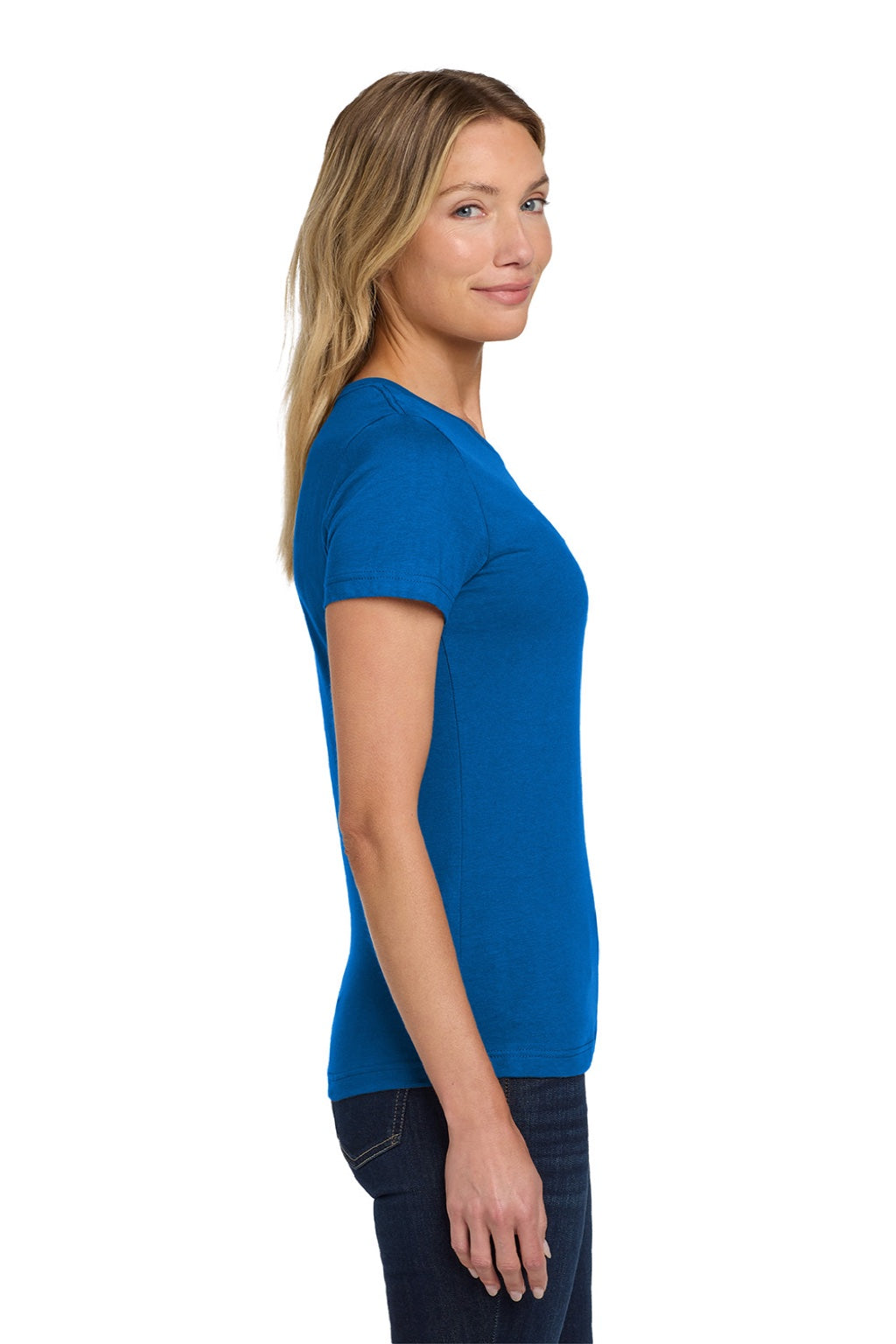 Gildan 64000L Womens Softstyle Short Sleeve Crewneck T-Shirt Royal Blue Model Side