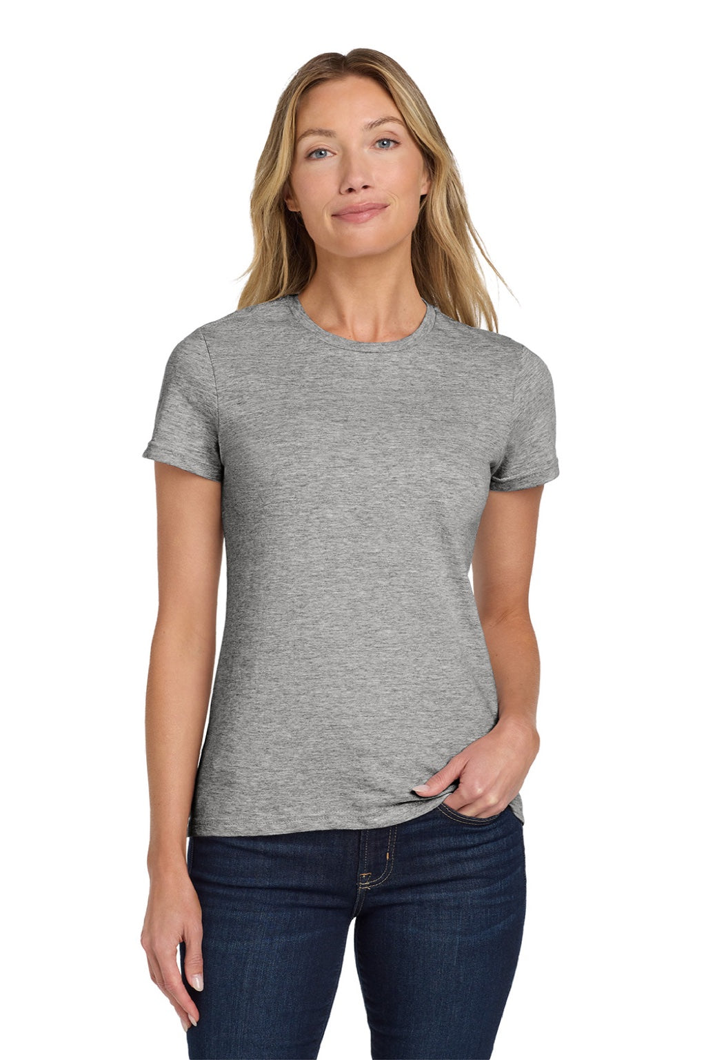 Gildan 64000L Womens Softstyle Short Sleeve Crewneck T-Shirt Sport Grey Model Front