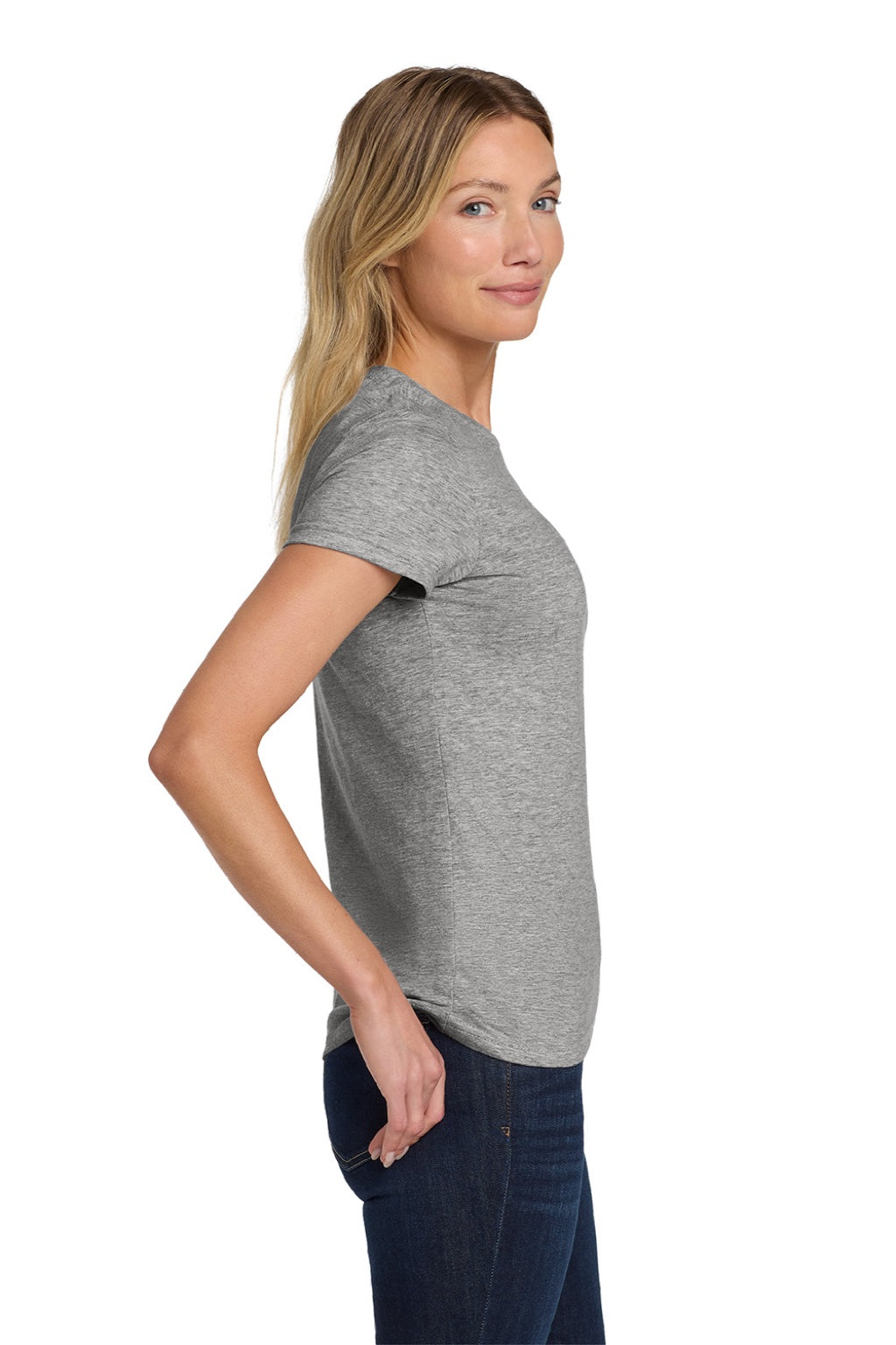 Gildan 64000L Womens Softstyle Short Sleeve Crewneck T-Shirt Sport Grey Model Side