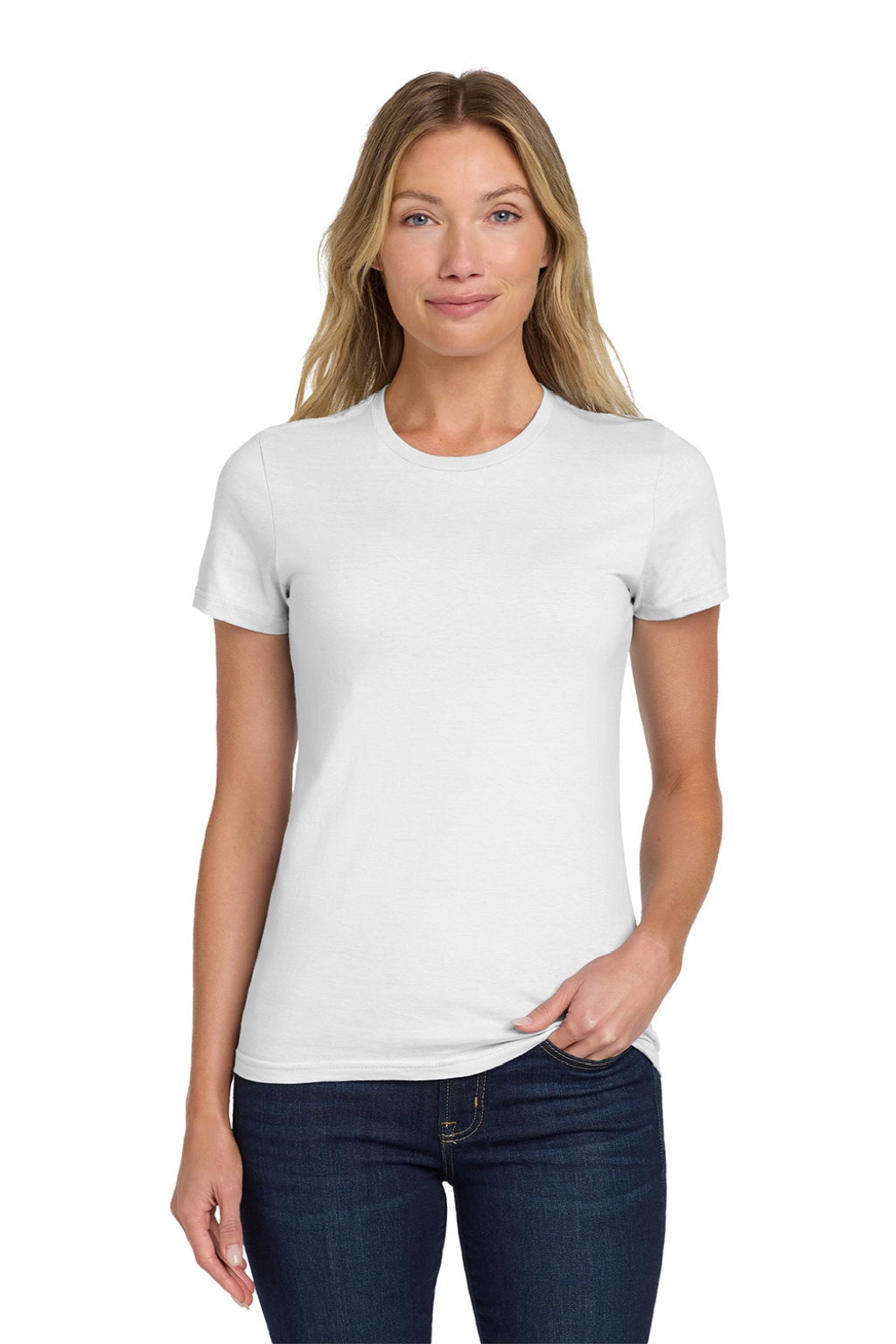 Gildan 64000L Womens Softstyle Short Sleeve Crewneck T-Shirt White Model Front