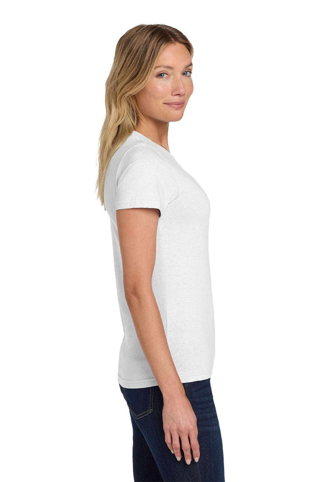 Gildan 64000L Womens Softstyle Short Sleeve Crewneck T-Shirt White Model Side