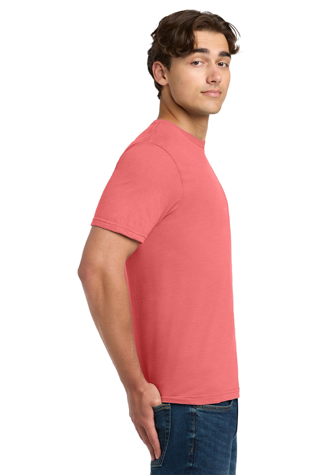 Gildan 64000 Mens Softstyle Short Sleeve Crewneck T-Shirt Coral Silk Model Side
