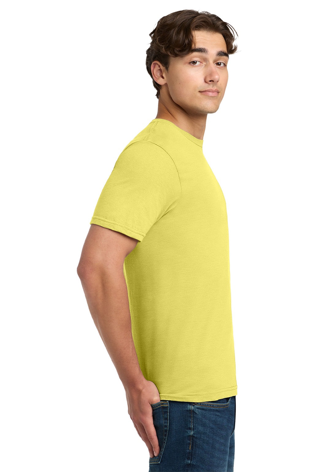 Gildan 64000 Mens Softstyle Short Sleeve Crewneck T-Shirt Cornsilk Yellow Model Side