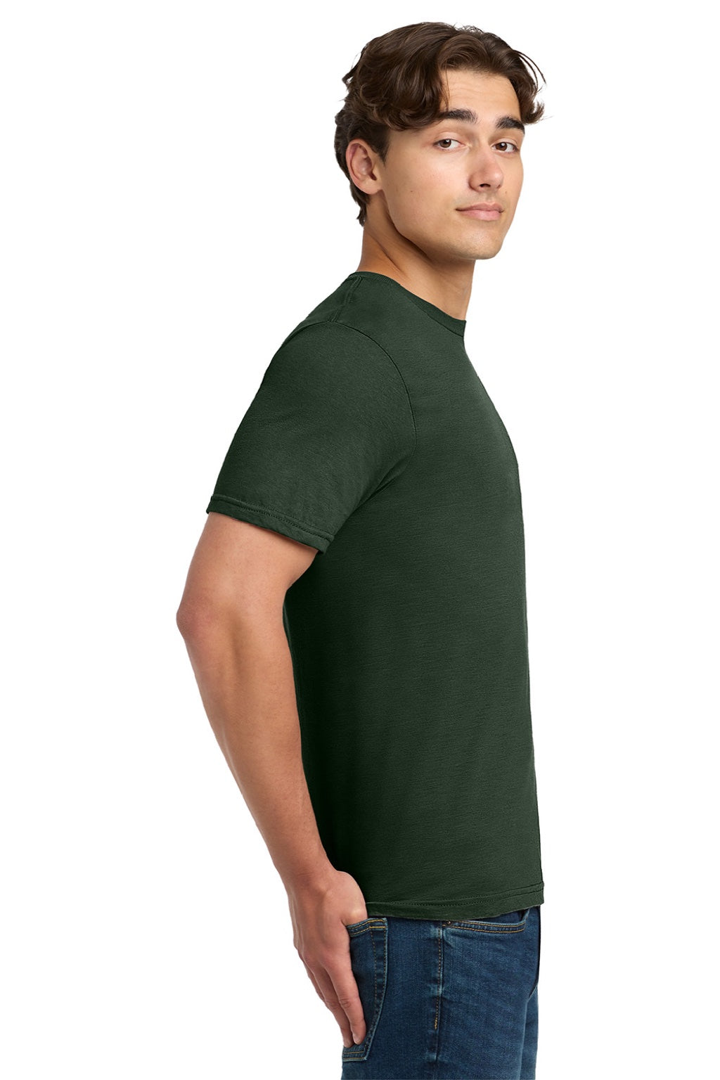 Gildan 64000 Mens Softstyle Short Sleeve Crewneck T-Shirt Forest Green Model Side