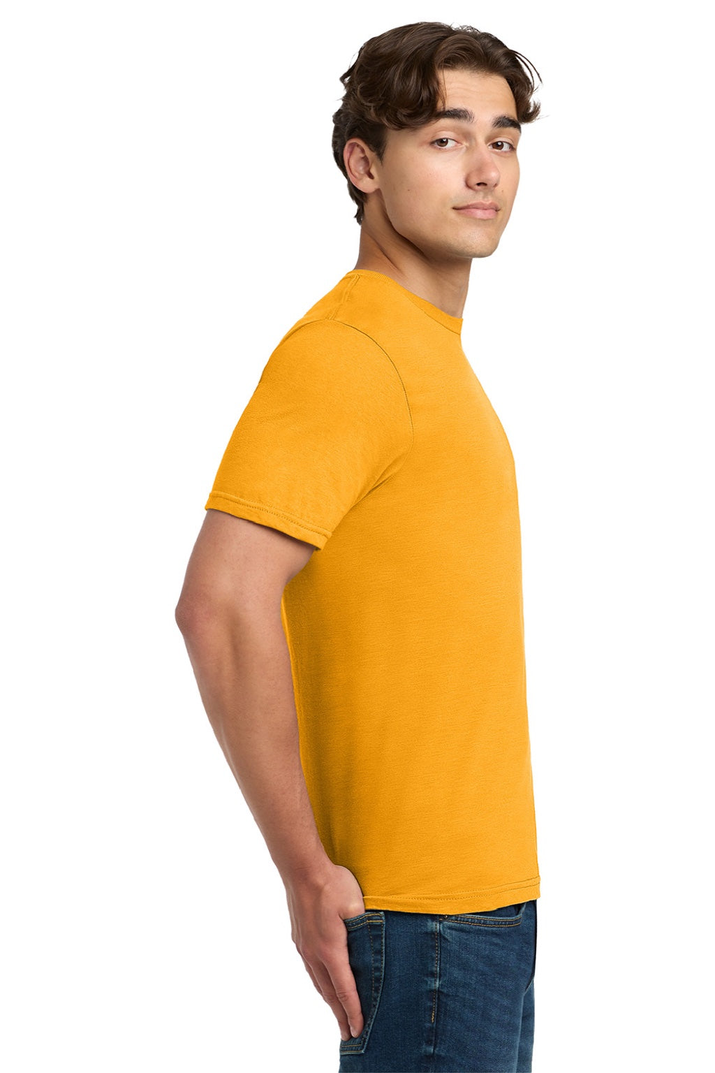 Gildan 64000 Mens Softstyle Short Sleeve Crewneck T-Shirt Gold Model Side