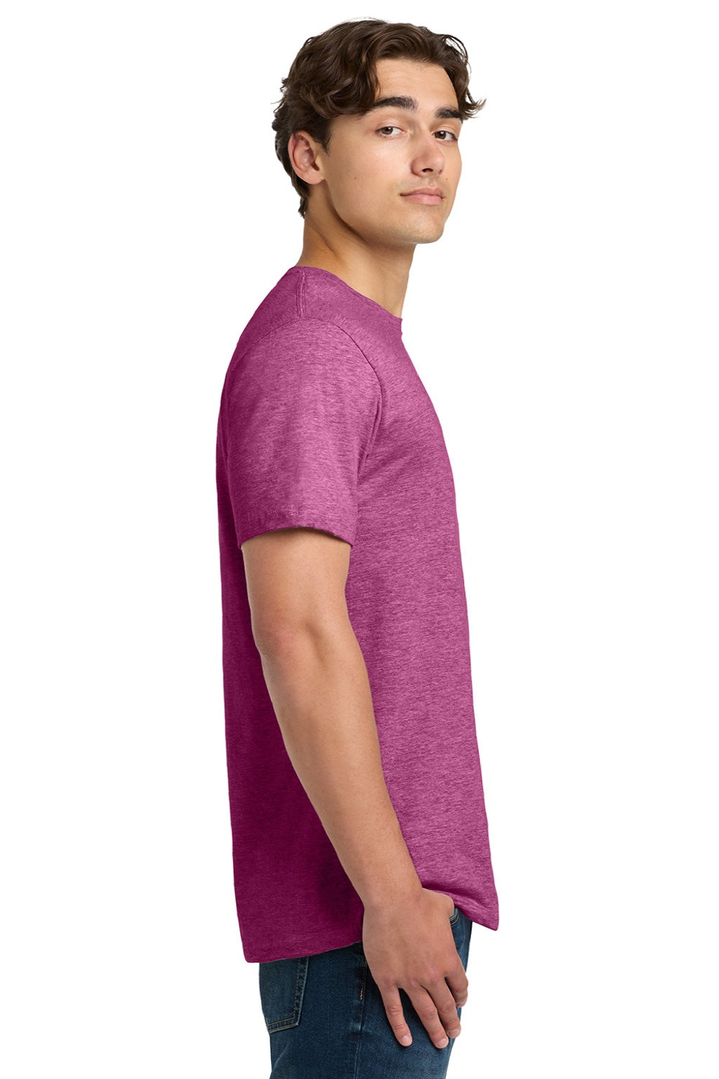 Gildan 64000 Mens Softstyle Short Sleeve Crewneck T-Shirt Heather Berry Pink Model Side