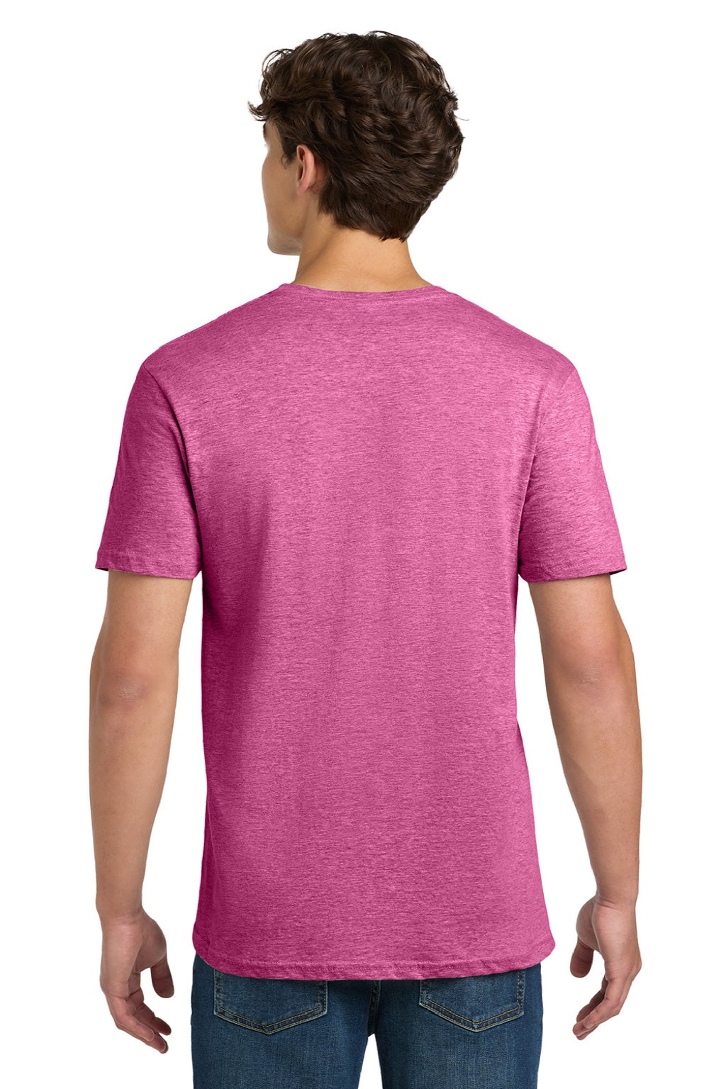 Gildan 64000 Mens Softstyle Short Sleeve Crewneck T-Shirt Heather Heliconia Pink Model Back
