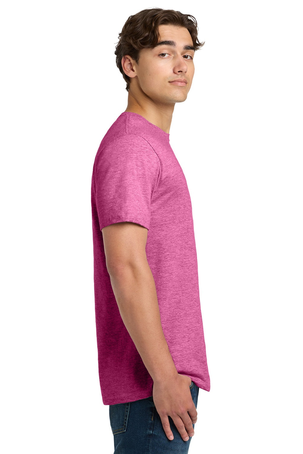 Gildan 64000 Mens Softstyle Short Sleeve Crewneck T-Shirt Heather Heliconia Pink Model Side