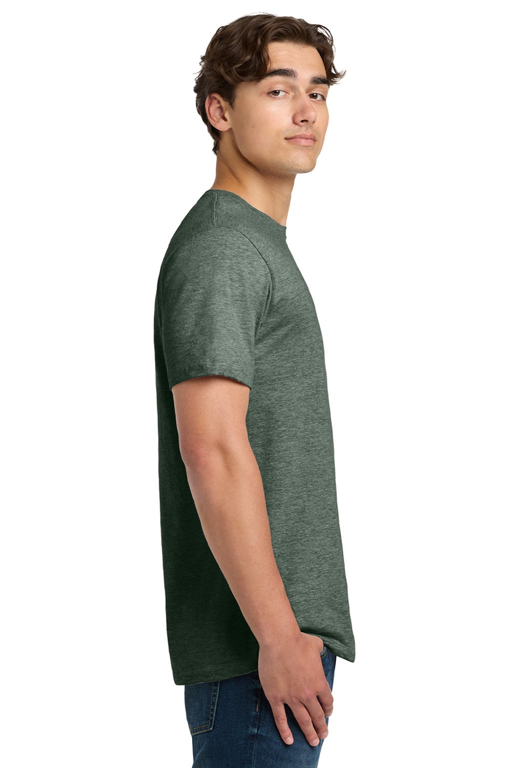 Gildan 64000 Mens Softstyle Short Sleeve Crewneck T-Shirt Heather Military Green Model Side