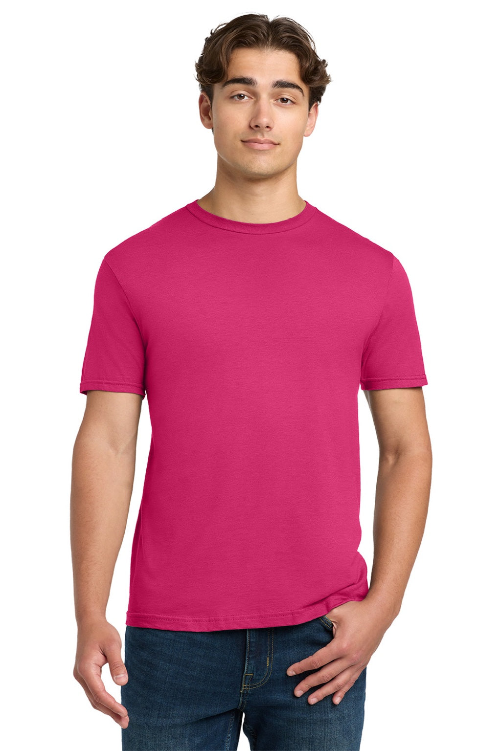 Gildan 64000 Mens Softstyle Short Sleeve Crewneck T-Shirt Heliconia Pink Model Front