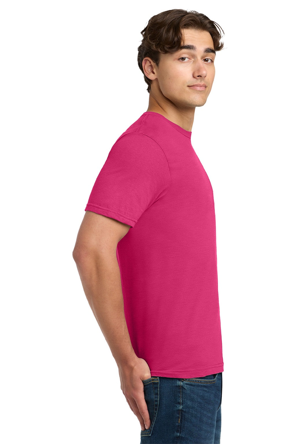 Gildan 64000 Mens Softstyle Short Sleeve Crewneck T-Shirt Heliconia Pink Model Side