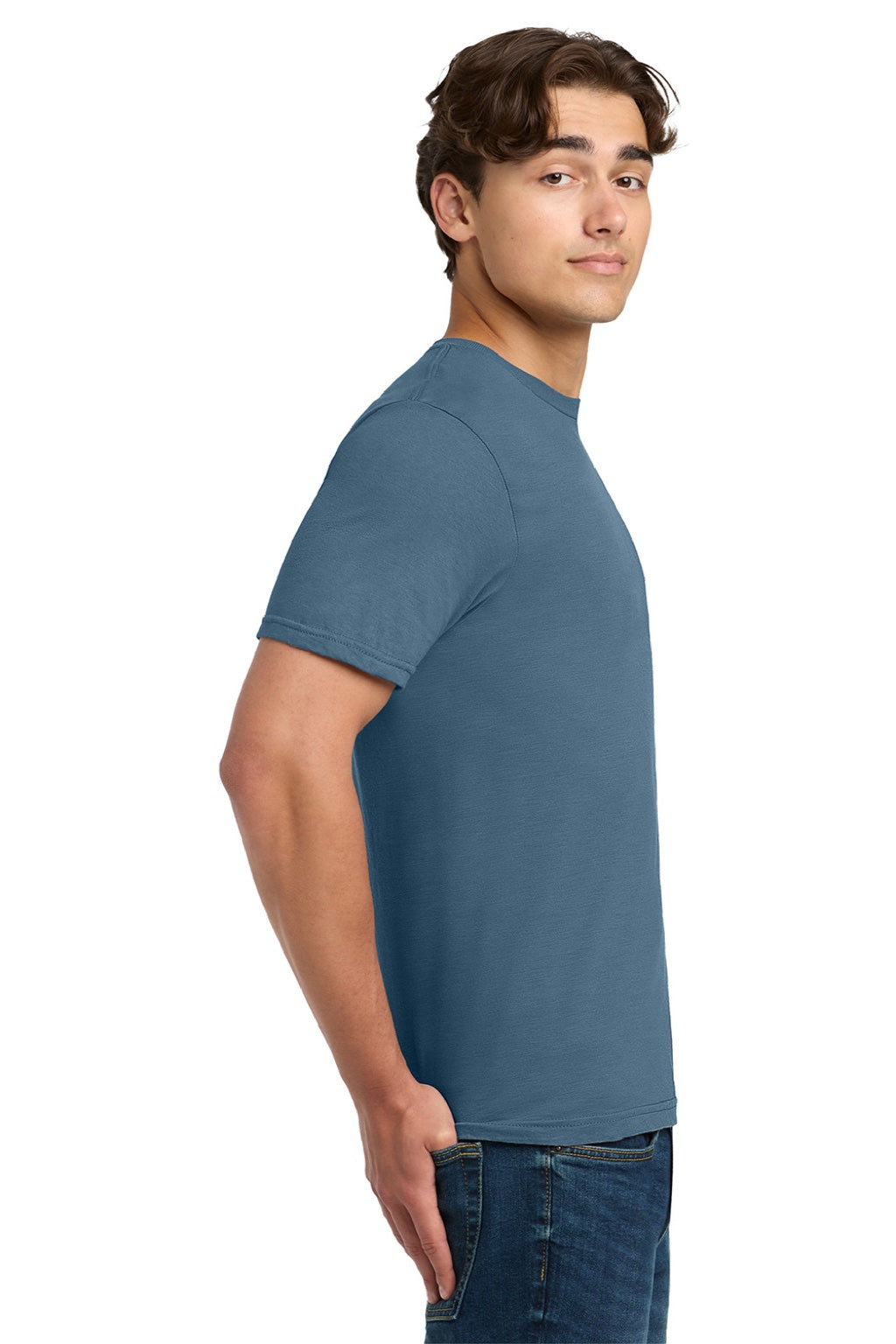 Gildan 64000 Mens Softstyle Short Sleeve Crewneck T-Shirt Indigo Blue Model Side