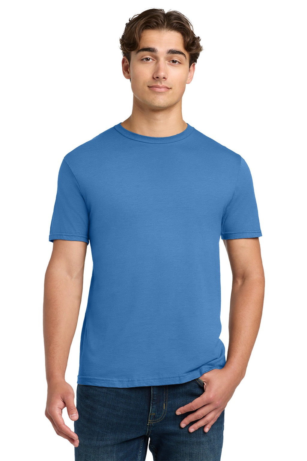 Gildan 64000 Mens Softstyle Short Sleeve Crewneck T-Shirt Iris Blue Model Front