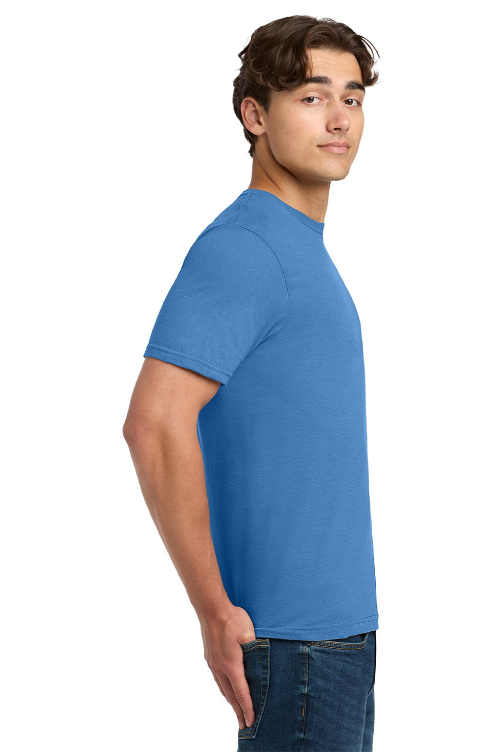 Gildan 64000 Mens Softstyle Short Sleeve Crewneck T-Shirt Iris Blue Model Side