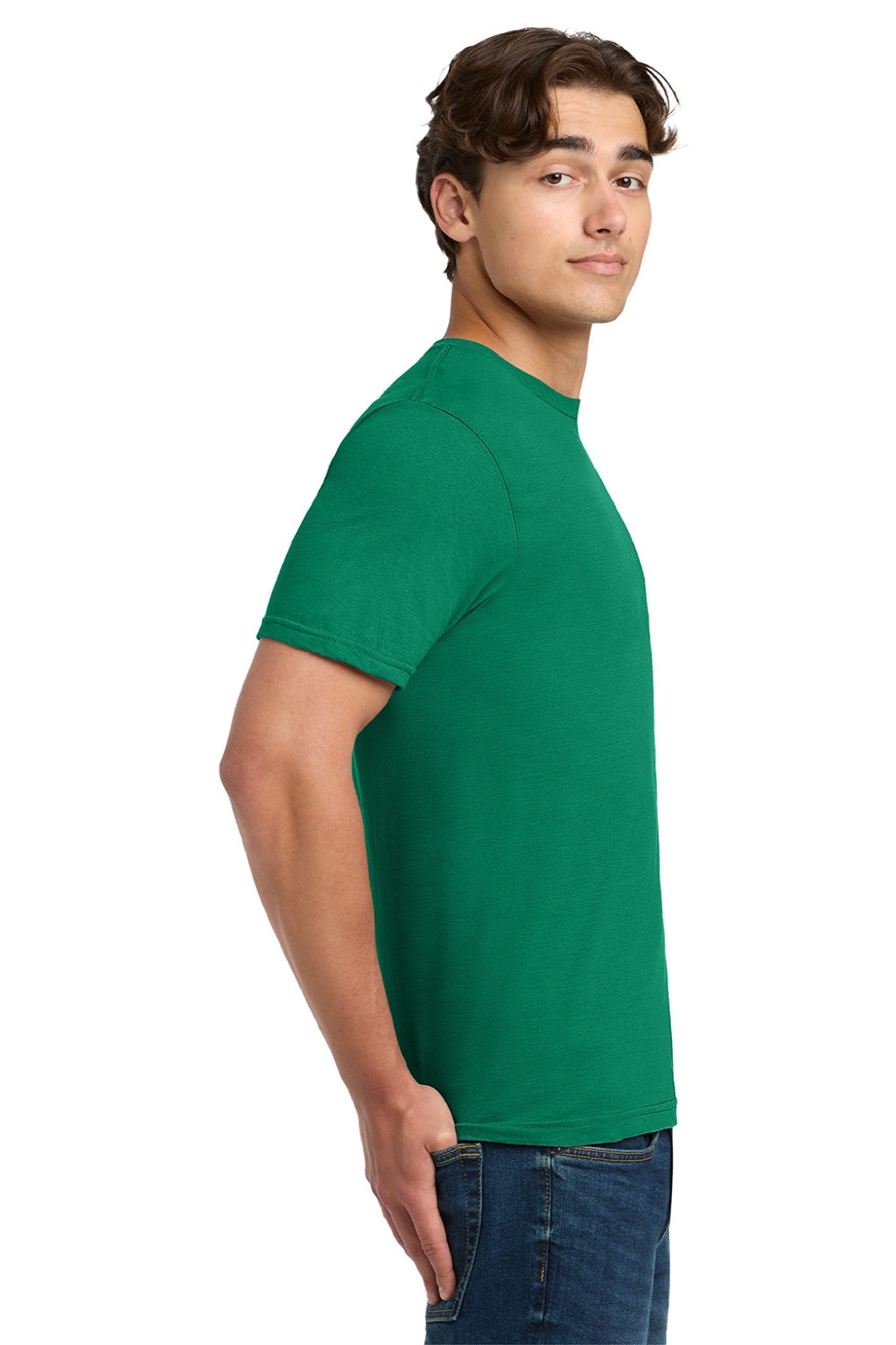 Gildan 64000 Mens Softstyle Short Sleeve Crewneck T-Shirt Kelly Green Model Side