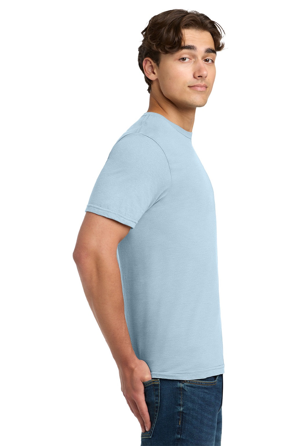 Gildan 64000 Mens Softstyle Short Sleeve Crewneck T-Shirt Light Blue Model Side