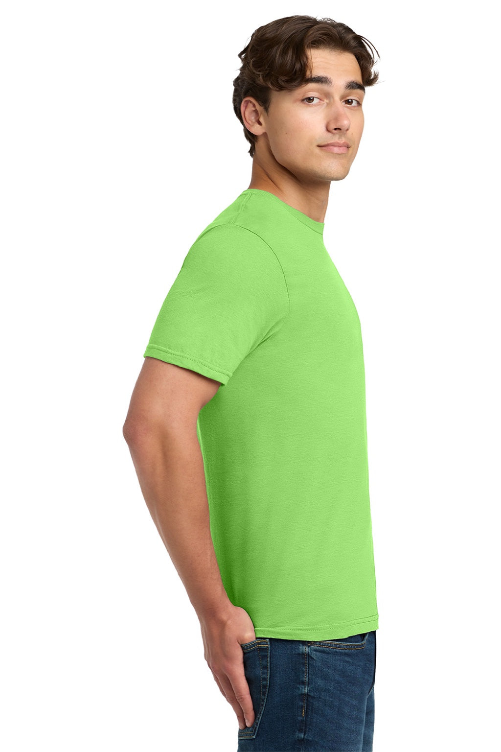 Gildan 64000 Mens Softstyle Short Sleeve Crewneck T-Shirt Lime Green Model Side