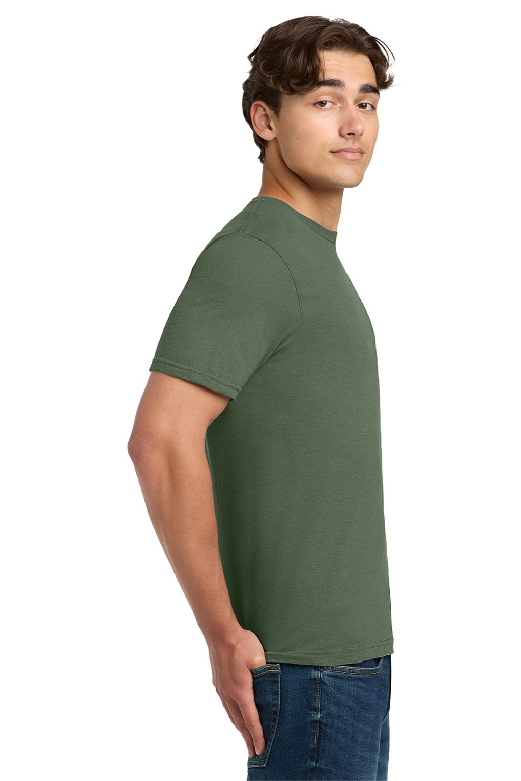 Gildan 64000 Mens Softstyle Short Sleeve Crewneck T-Shirt Military Green Model Side