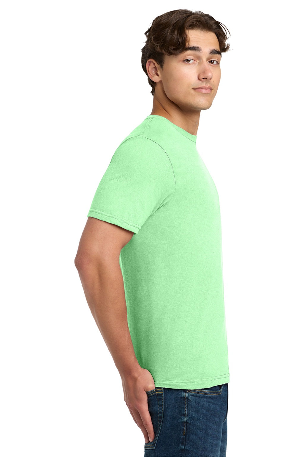 Gildan 64000 Mens Softstyle Short Sleeve Crewneck T-Shirt Mint Green Model Side