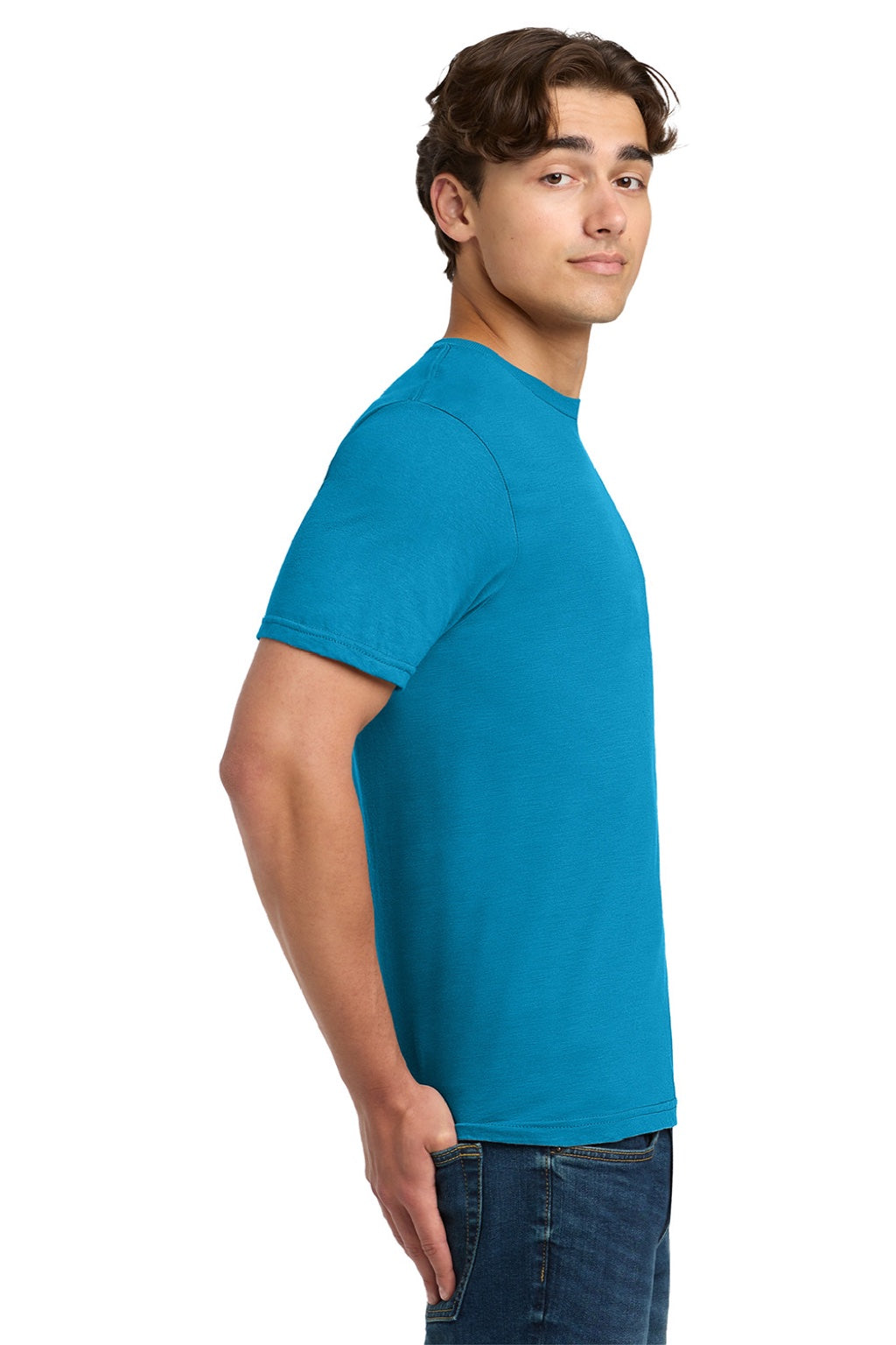 Gildan 64000 Mens Softstyle Short Sleeve Crewneck T-Shirt Sapphire Blue Model Side