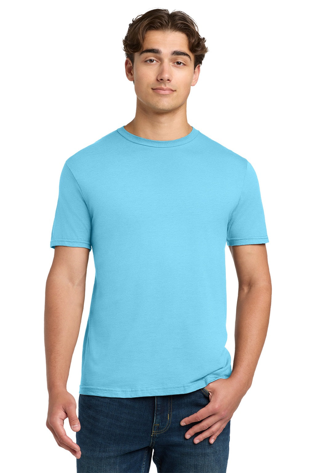 Gildan 64000 Mens Softstyle Short Sleeve Crewneck T-Shirt Sky Blue Model Front