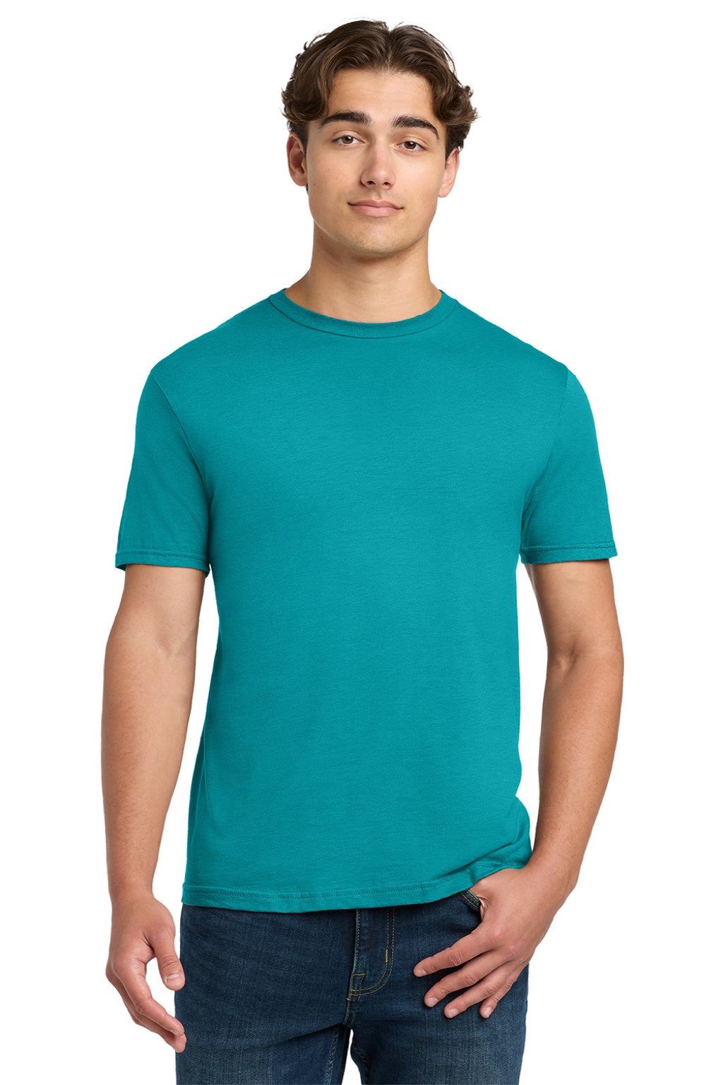 Gildan 64000 Mens Softstyle Short Sleeve Crewneck T-Shirt Tropical Blue Model Front