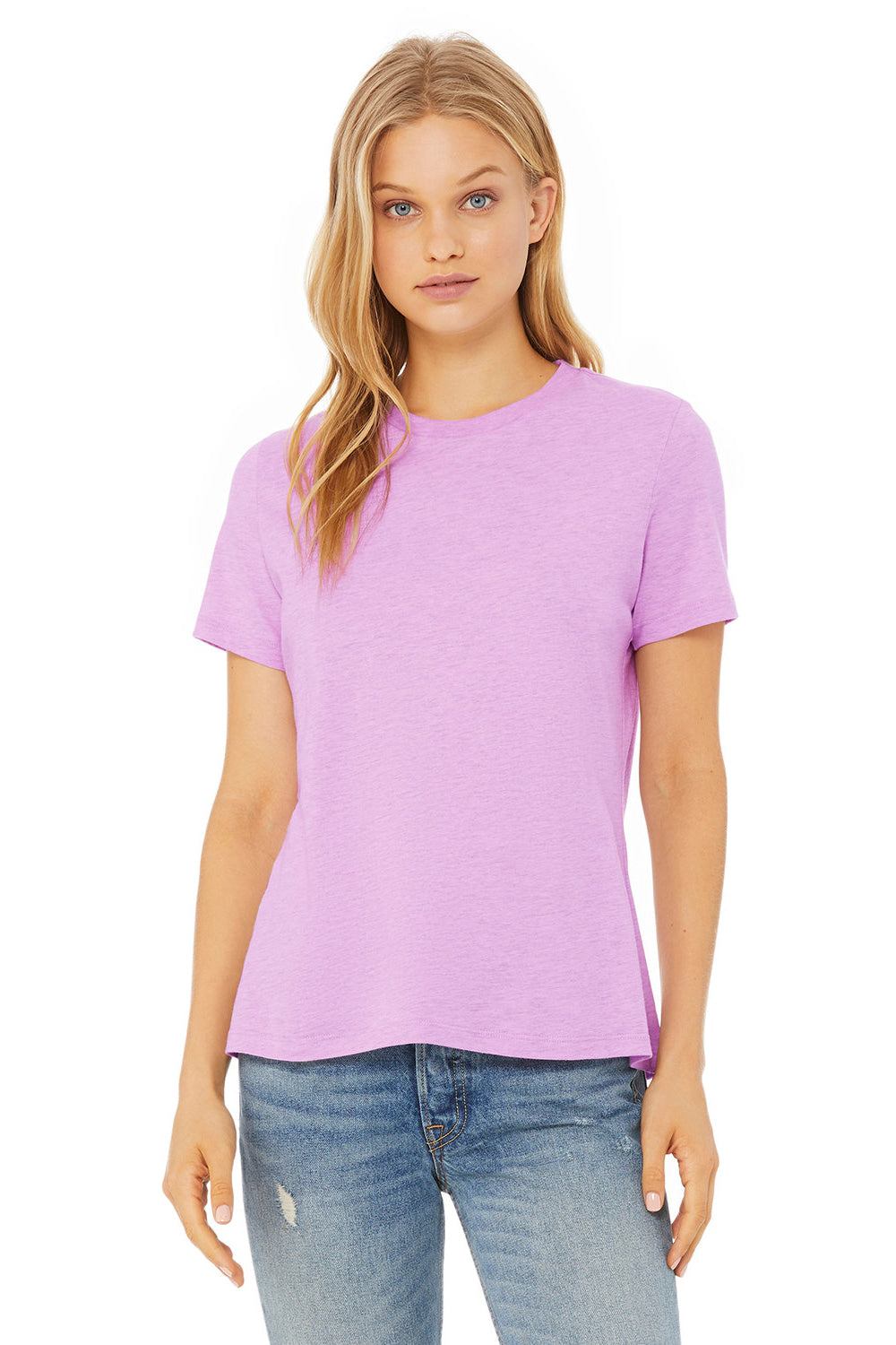 Bella + Canvas BC6400CVC/6400CVC Womens CVC Short Sleeve Crewneck T-Shirt Heather Prism Lilac Purple Model Back