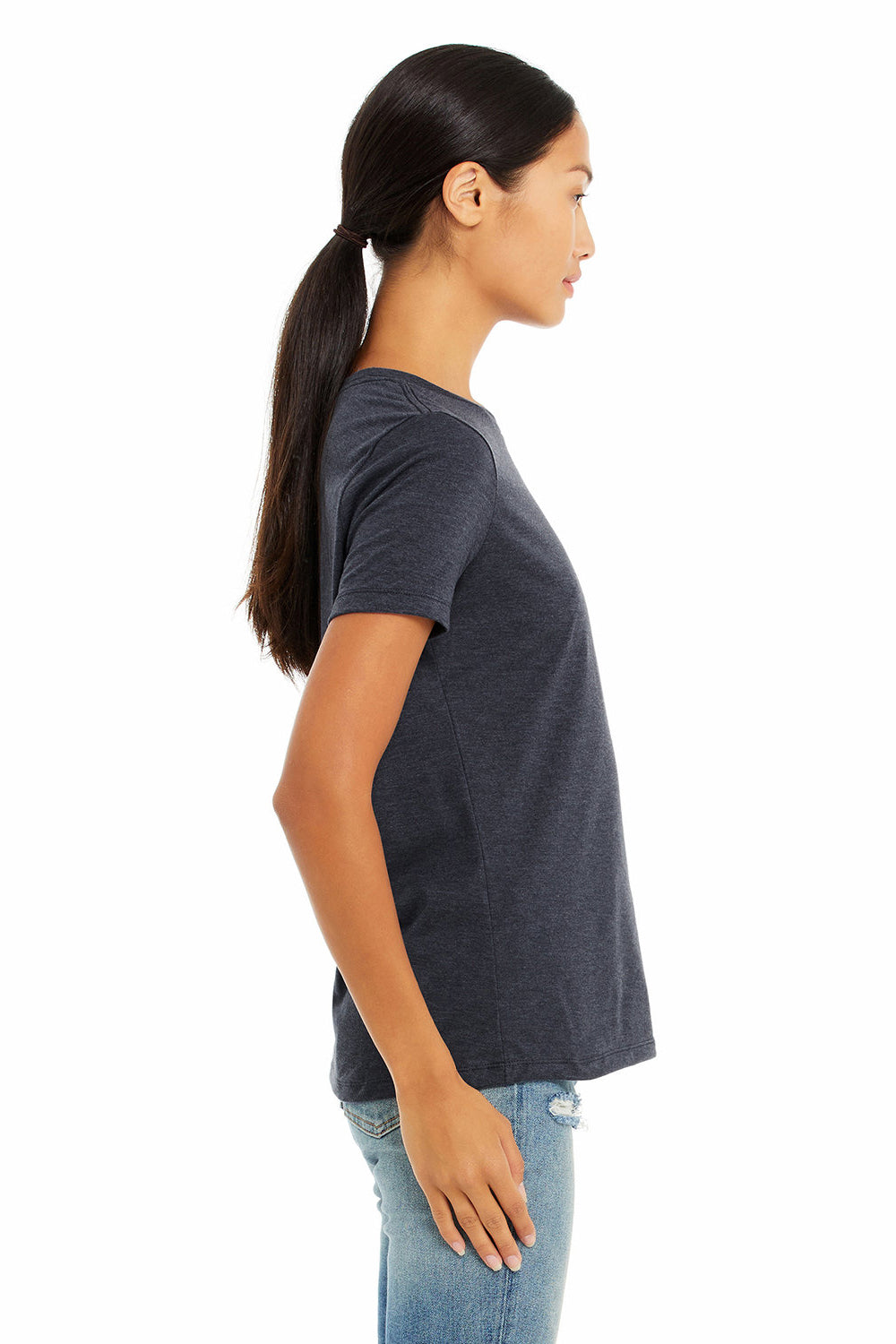 Bella + Canvas BC6400CVC/6400CVC Womens CVC Short Sleeve Crewneck T-Shirt Heather Navy Blue Model Side