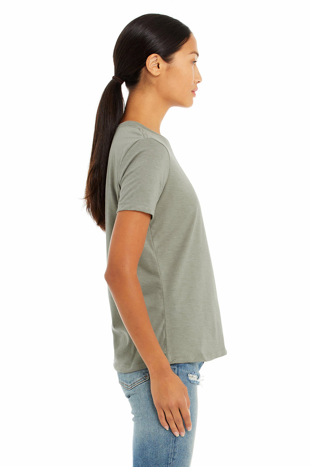 Bella + Canvas BC6400CVC/6400CVC Womens CVC Short Sleeve Crewneck T-Shirt Heather Stone Model Side