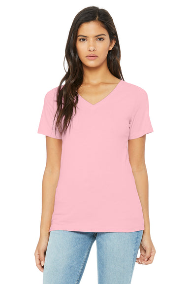 Bella + Canvas BC6405/6405 Womens Relaxed Jersey Short Sleeve V-Neck T-Shirt Pink Model Front