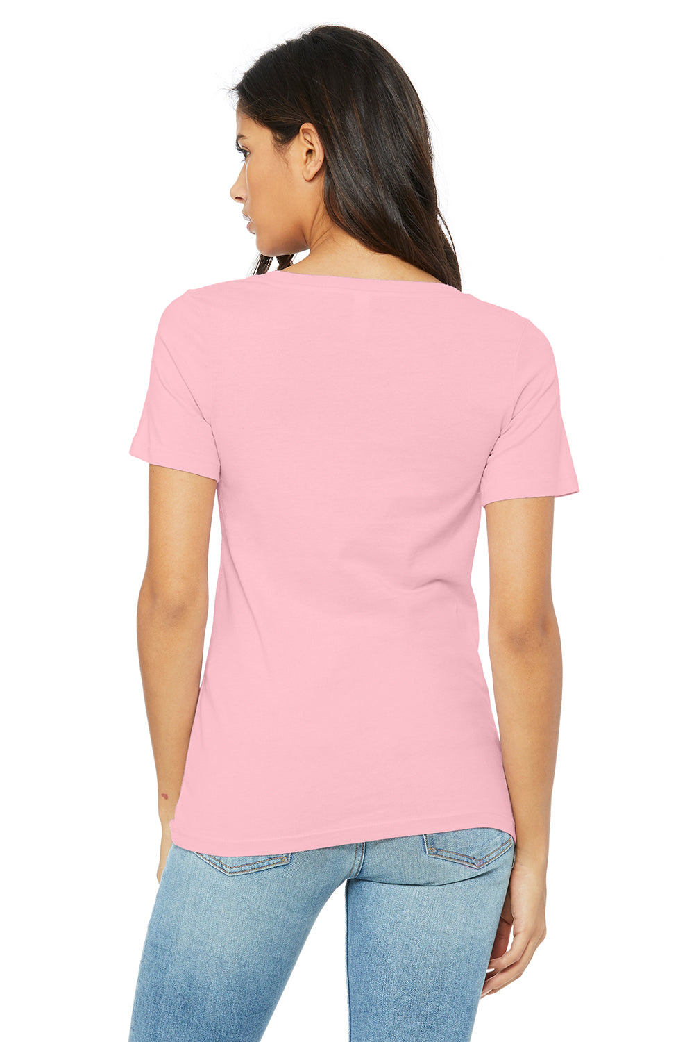 Bella + Canvas BC6405/6405 Womens Relaxed Jersey Short Sleeve V-Neck T-Shirt Pink Model Back