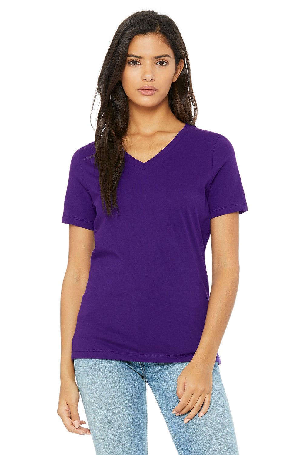 Bella + Canvas BC6405/6405 Womens Relaxed Jersey Short Sleeve V-Neck T-Shirt Team Purple Model Front