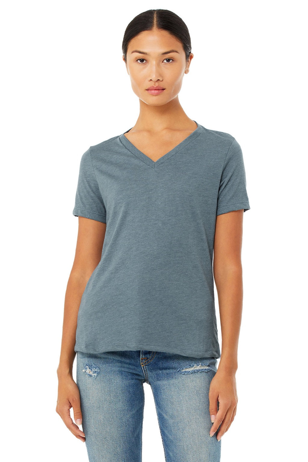 Bella + Canvas BC6405CVC/6405CVC Womens CVC Short Sleeve V-Neck T-Shirt Heather Slate Blue Model Front