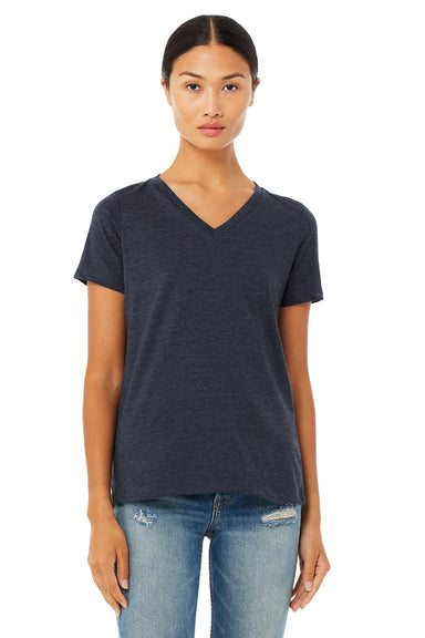 Bella + Canvas BC6405CVC Womens Relaxed Jersey Short Sleeve V-Neck T-Shirt Heather Navy Blue Model Front