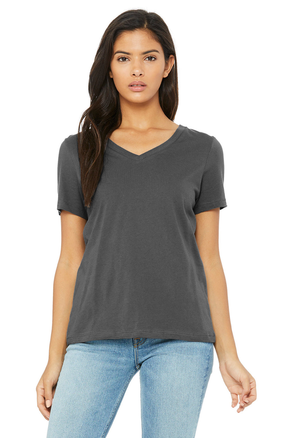 Bella + Canvas BC6405/6405 Womens Relaxed Jersey Short Sleeve V-Neck T-Shirt Asphalt Grey Model Front