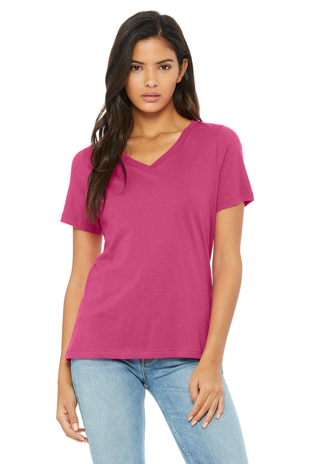 Bella + Canvas BC6405/6405 Womens Relaxed Jersey Short Sleeve V-Neck T-Shirt Berry Pink Model Front