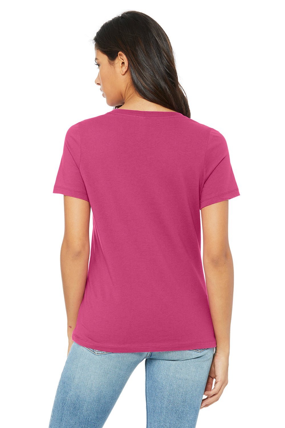 Bella + Canvas BC6405/6405 Womens Relaxed Jersey Short Sleeve V-Neck T-Shirt Berry Pink Model Back