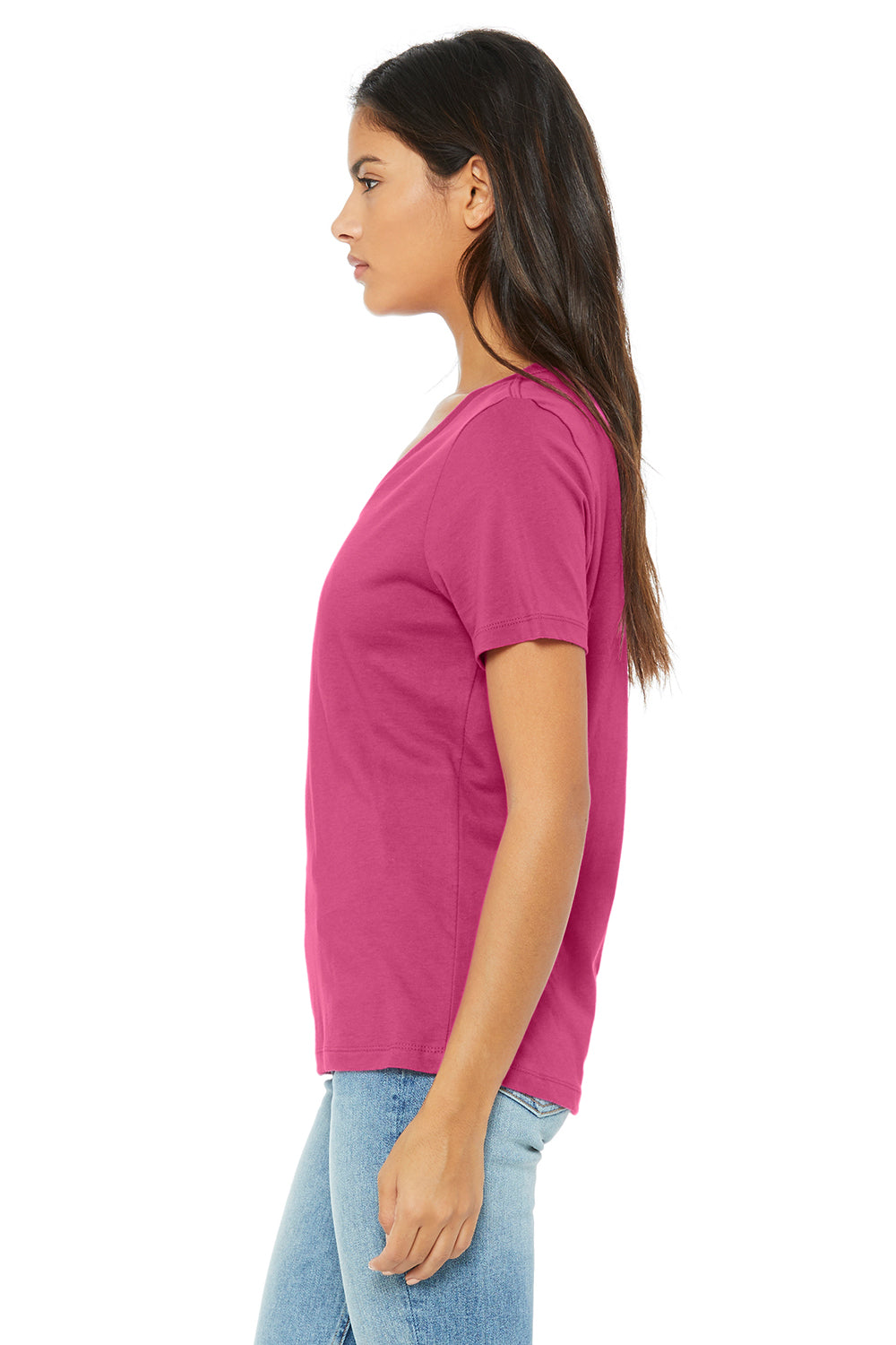 Bella + Canvas BC6405/6405 Womens Relaxed Jersey Short Sleeve V-Neck T-Shirt Berry Pink Model Side