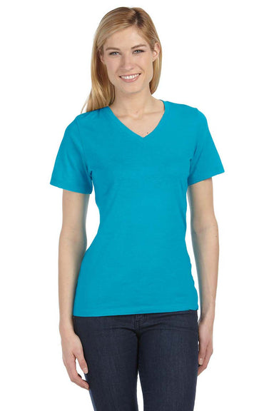 Bella + Canvas BC6405/6405 Womens Relaxed Jersey Short Sleeve V-Neck T-Shirt Turquoise Blue Model Front