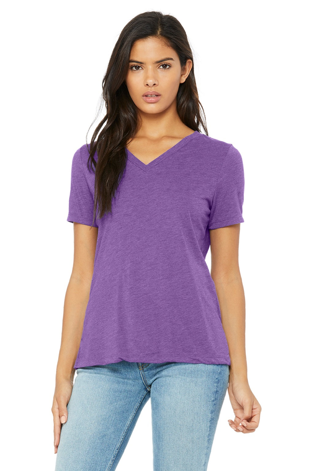 Bella + Canvas BC6415/6415 Womens Short Sleeve V-Neck T-Shirt Purple Model Front