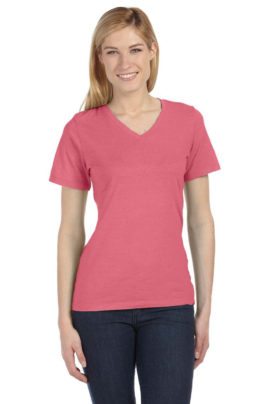 Bella + Canvas BC6415/6415 Womens Short Sleeve V-Neck T-Shirt Red Model Front