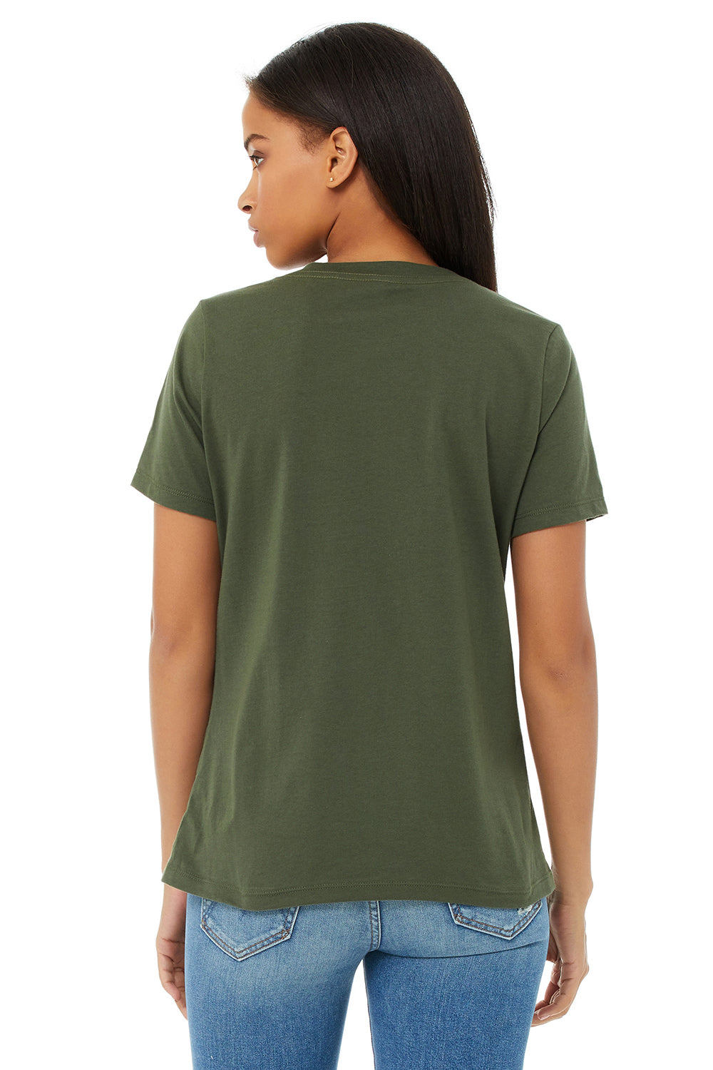 Bella + Canvas BC6405/6405 Womens Relaxed Jersey Short Sleeve V-Neck T-Shirt Military Green Model Back