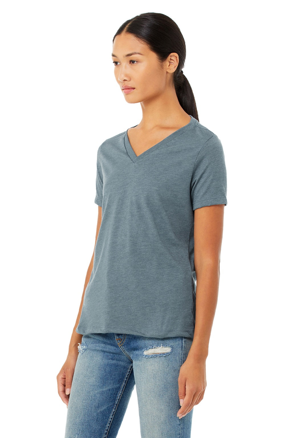 Bella + Canvas BC6405CVC/6405CVC Womens CVC Short Sleeve V-Neck T-Shirt Heather Slate Blue Model 3Q