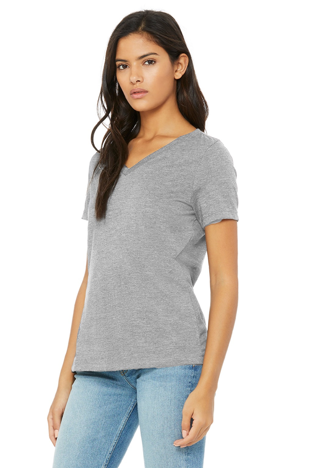 Bella + Canvas BC6405CVC/6405CVC Womens CVC Short Sleeve V-Neck T-Shirt Heather Grey Model 3Q