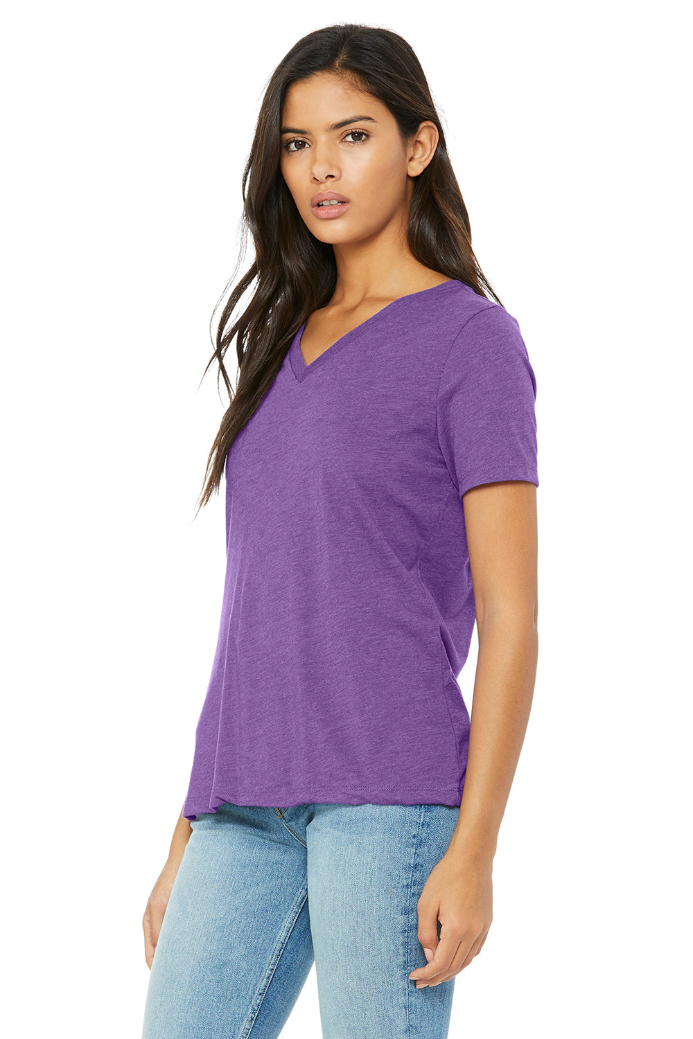 Bella + Canvas BC6405/6405 Womens Relaxed Jersey Short Sleeve V-Neck T-Shirt Purple Triblend Model 3Q
