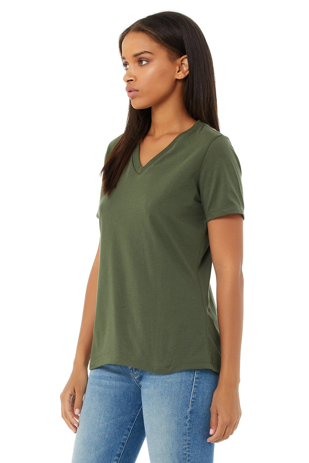 Bella + Canvas BC6405/6405 Womens Relaxed Jersey Short Sleeve V-Neck T-Shirt Military Green Model 3Q