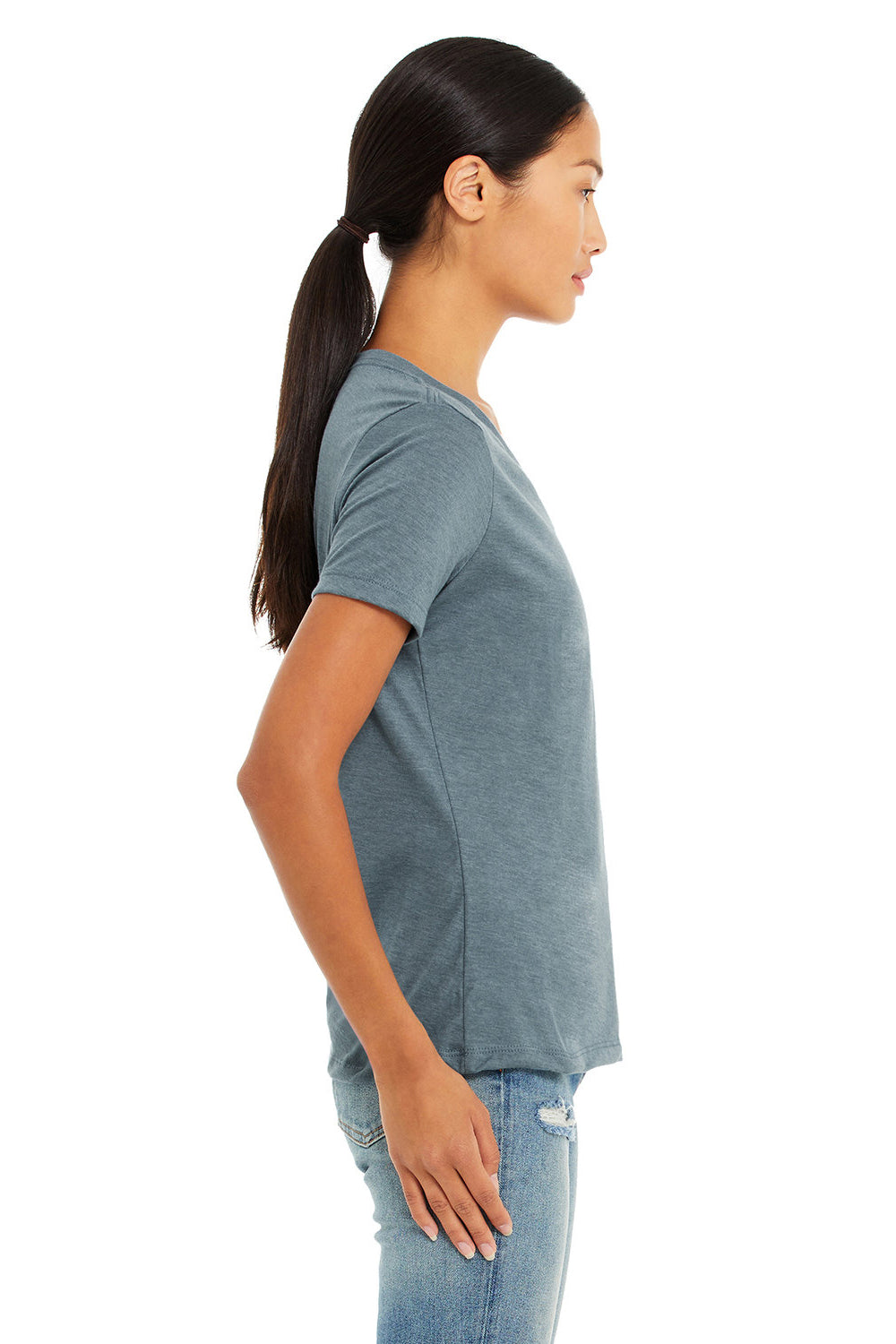 Bella + Canvas BC6405CVC Womens Relaxed Jersey Short Sleeve V-Neck T-Shirt Heather Slate Blue Model Side