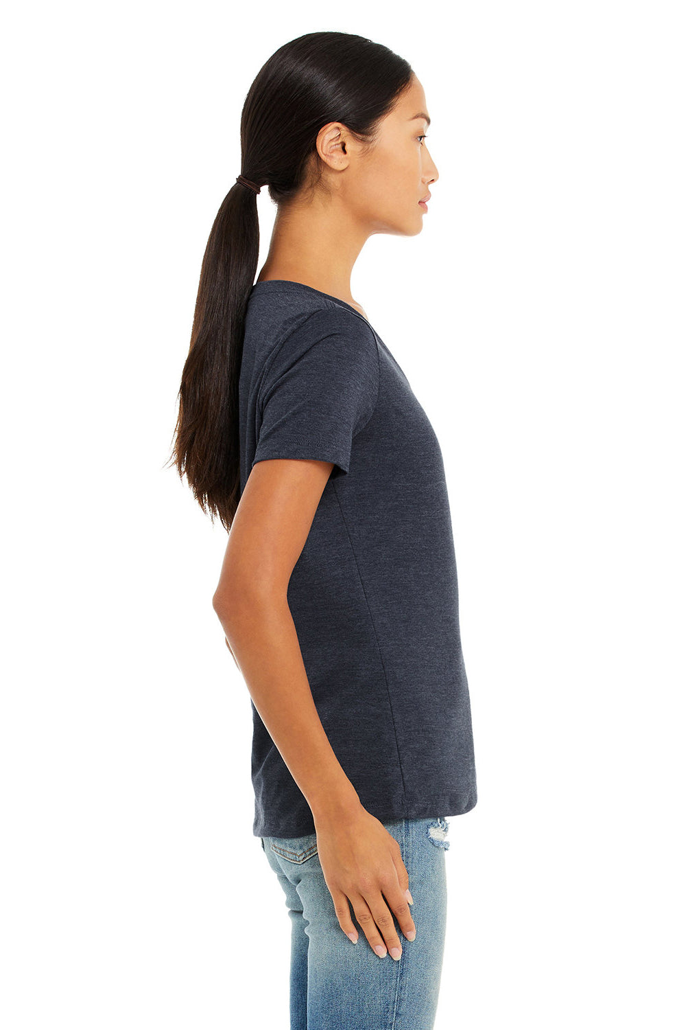 Bella + Canvas BC6405CVC Womens Relaxed Jersey Short Sleeve V-Neck T-Shirt Heather Navy Blue Model Side